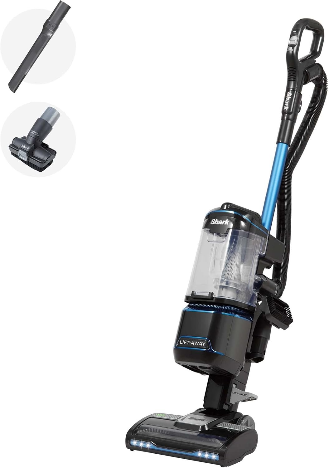 Shark NV602UK corded upright vacuum cleaner, blue/black, displayed from a front angle.
