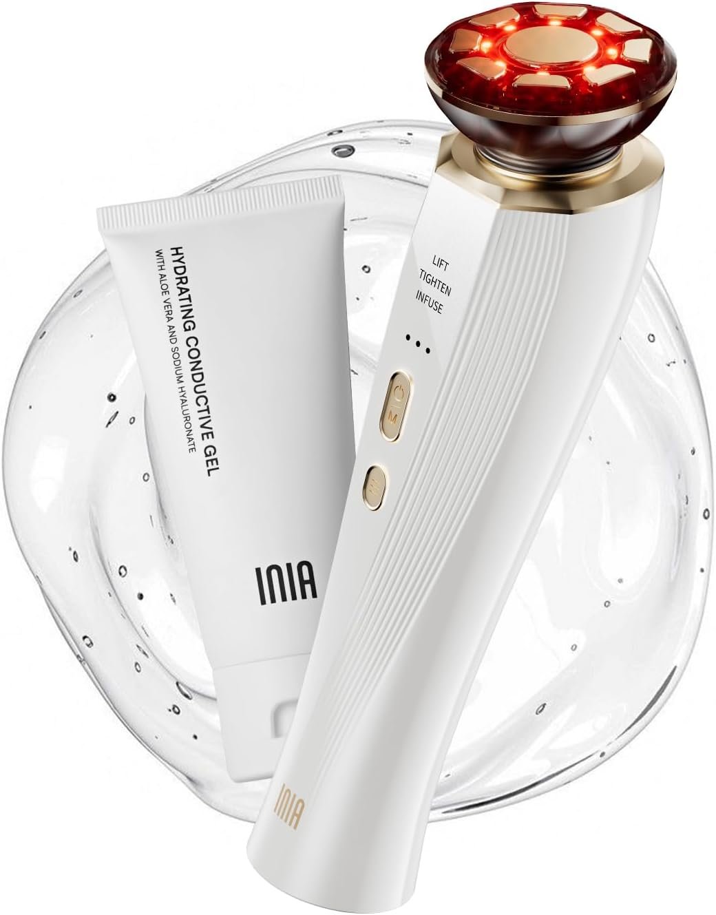 Front view of INIA Micro-Current Facial Lift Device, sleek and ergonomic for face and neck rejuvenation.