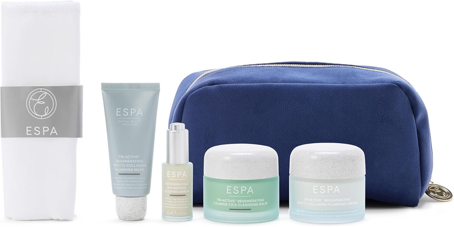 ESPA Luminous Regenerating Collection anti-aging skincare gift set, showing all five products neatly arranged.