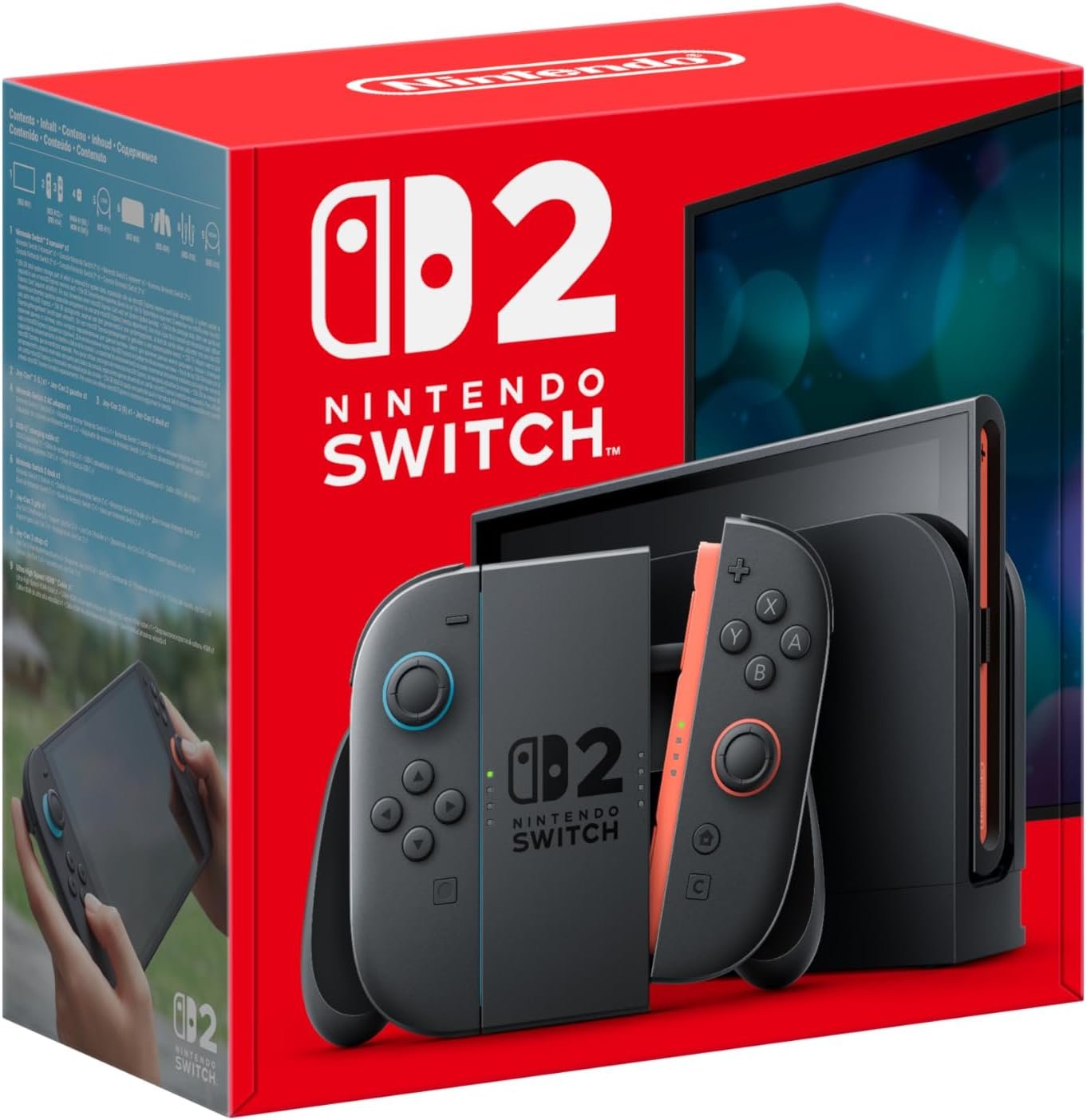 Front view of the Nintendo Switch 2 Console with joy-cons attached, screen displaying game.
