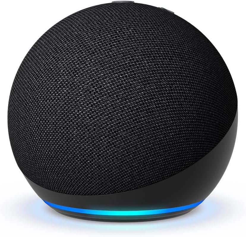 Echo Dot (Newest gen) smart speaker in charcoal, front view highlighting fabric and controls.