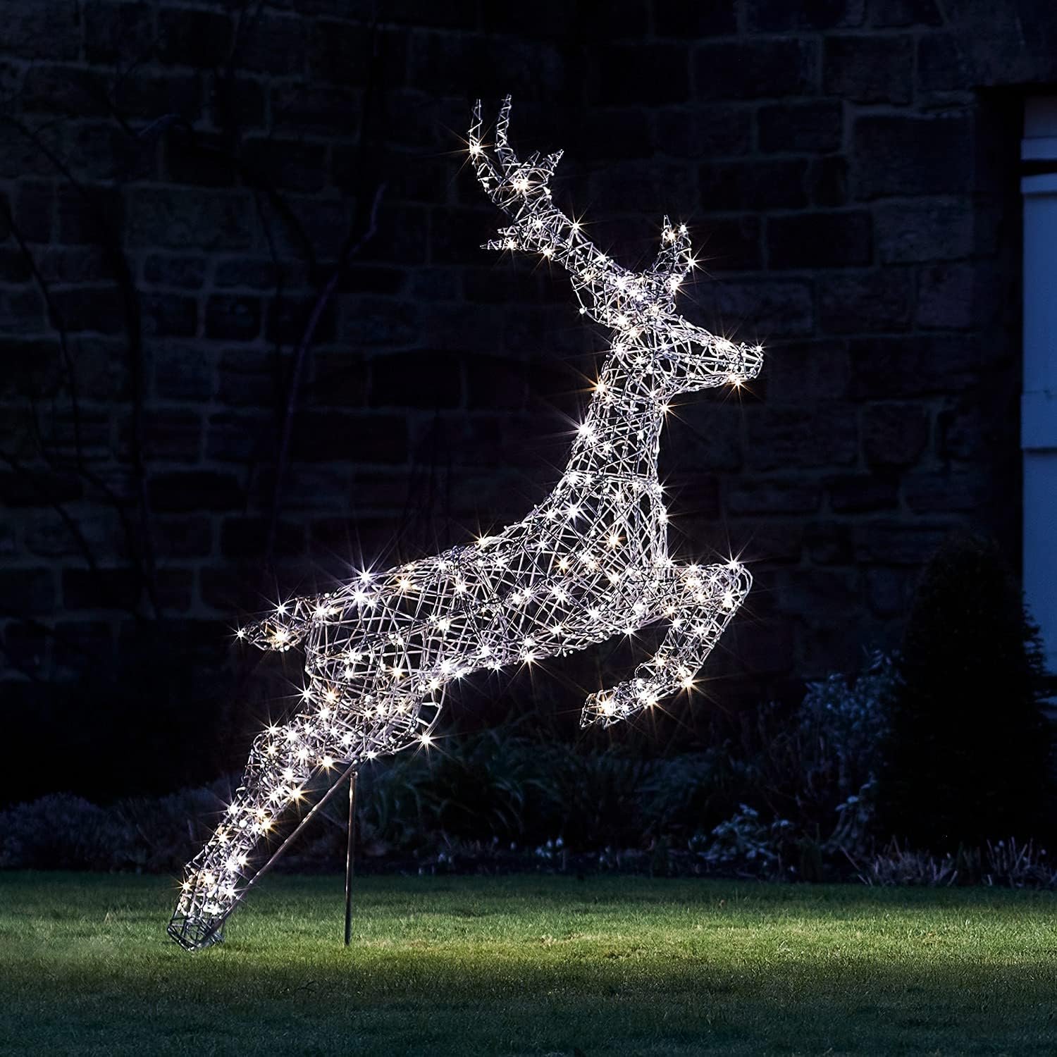 Lights4fun Outdoor LED Reindeer Leaping Stag Christmas Light Up Rattan Figure Garden Display Decoration with 240 Dual Colour LEDs Plug In with Timer 1.4m