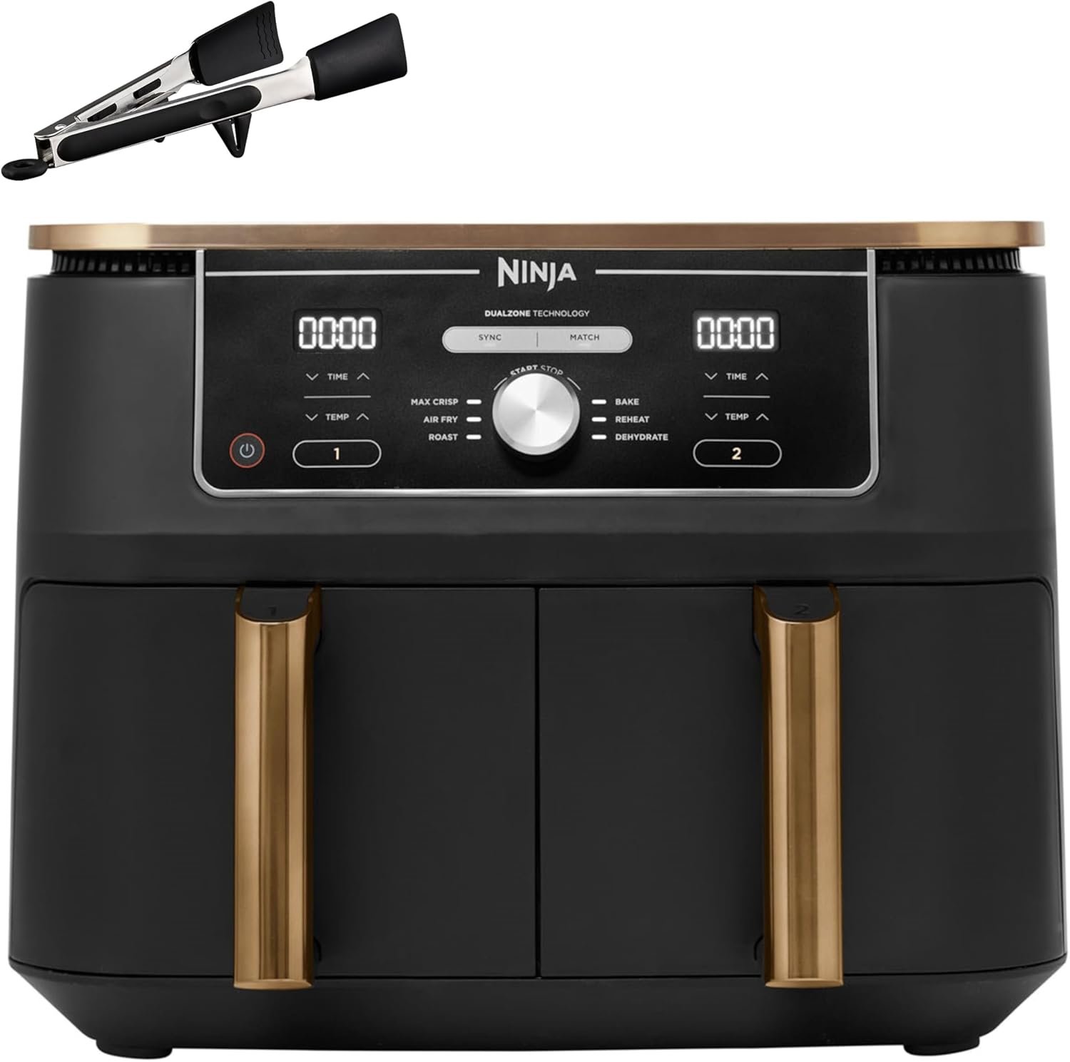 A modern copper and black Ninja Foodi MAX Dual Zone Air Fryer on a kitchen counter.
