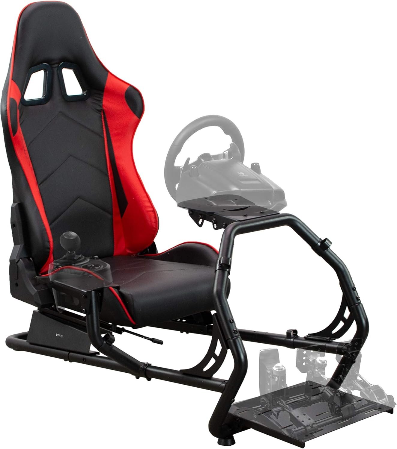 VIVO Racing Simulator Cockpit STAND-RACE1B full view, showing ergonomic chair, wheel stand, and red stripe detail.