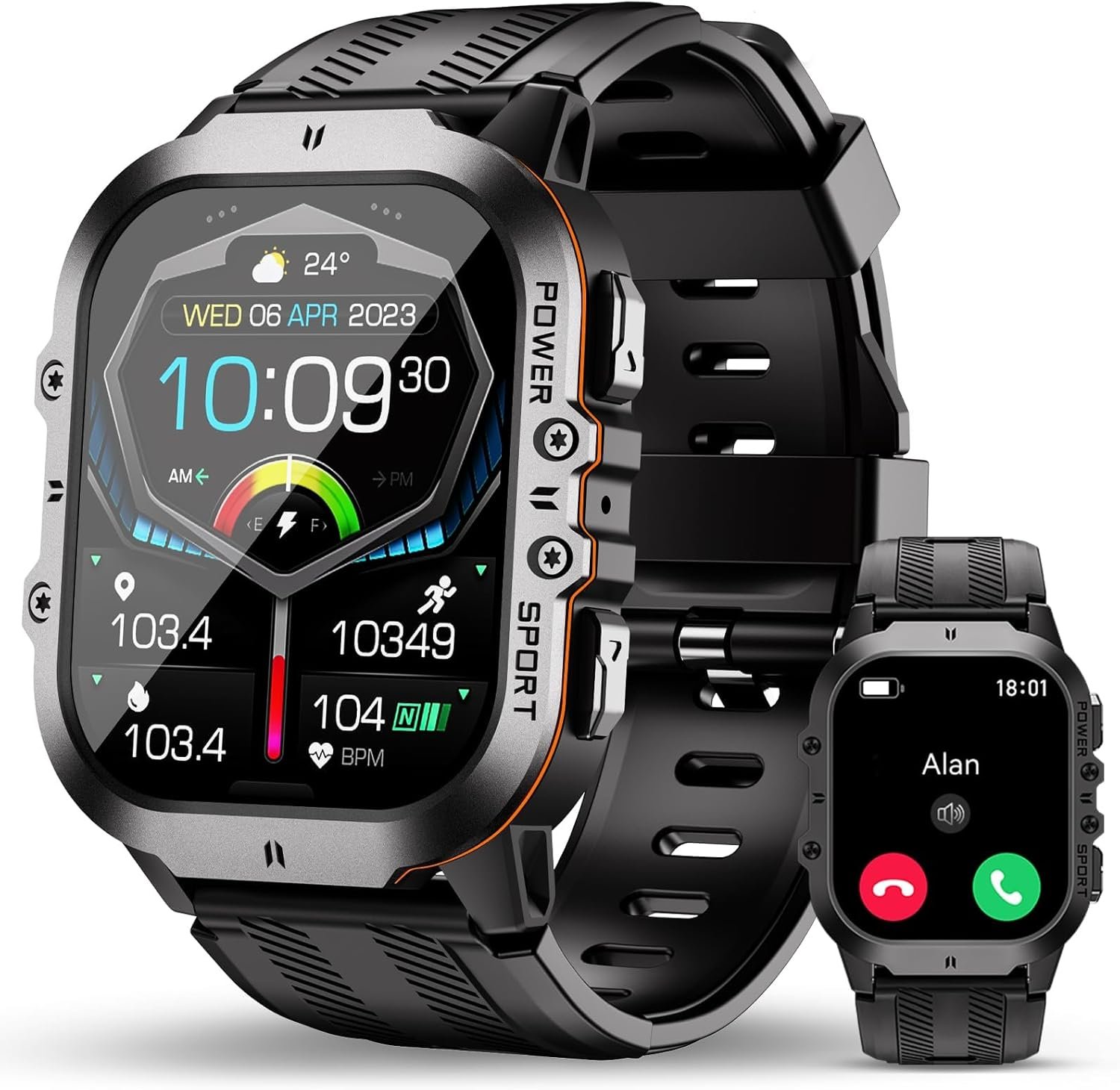 OUKITEL Military Smart Watch for men, front view, showcasing its 1.96" AMOLED display and rugged design.