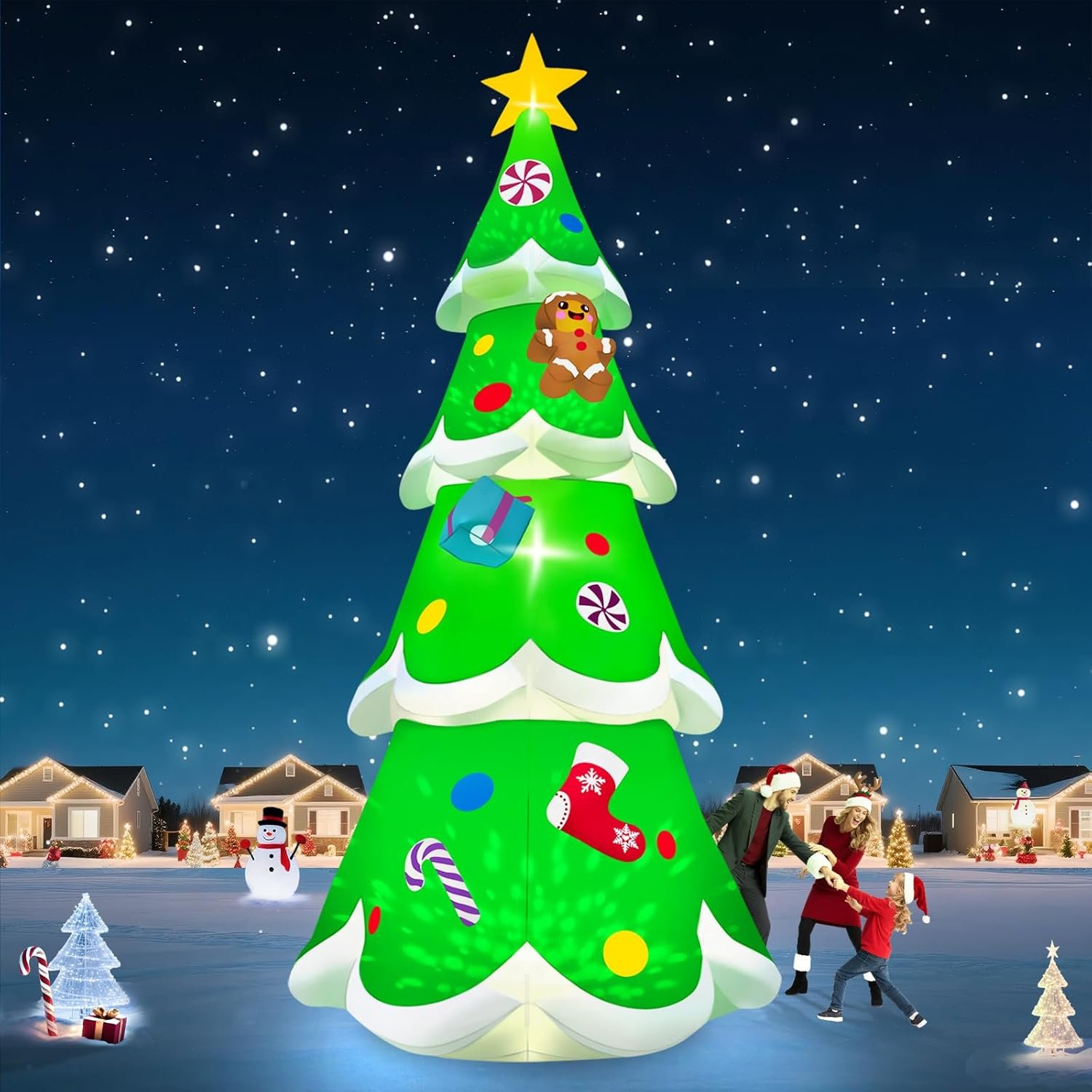 Massive 20-foot inflatable Christmas tree with gingerbread man and gifts