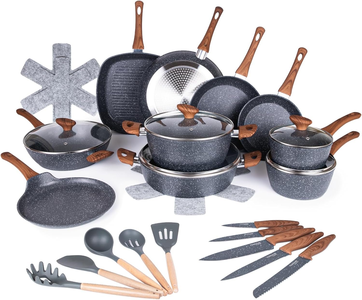 Nuovva 35pcs non-stick induction hob pot set & kitchen knife set, displayed neatly.