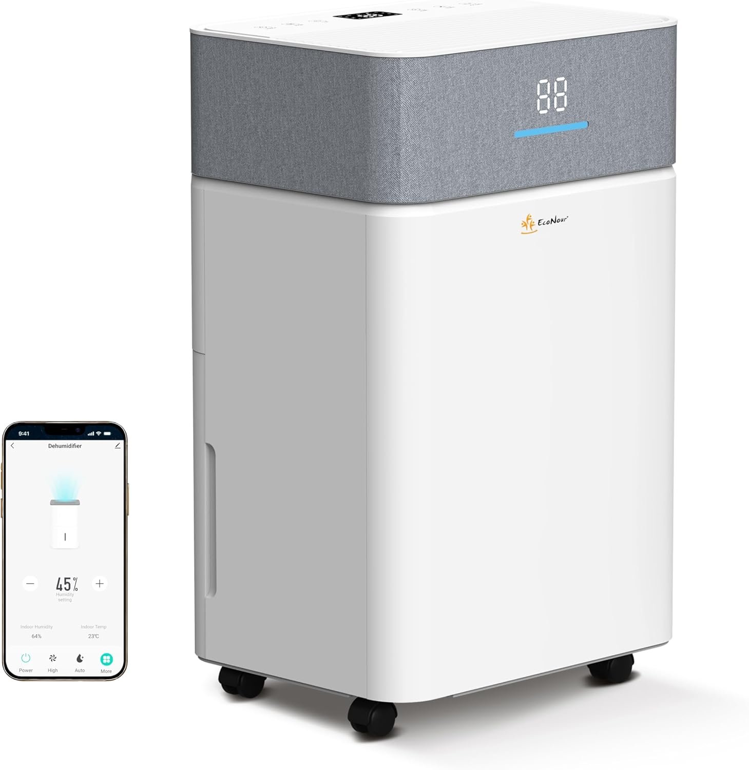 EcoNour Smart 20L WiFi dehumidifier elegantly placed in a modern, dry living room.
