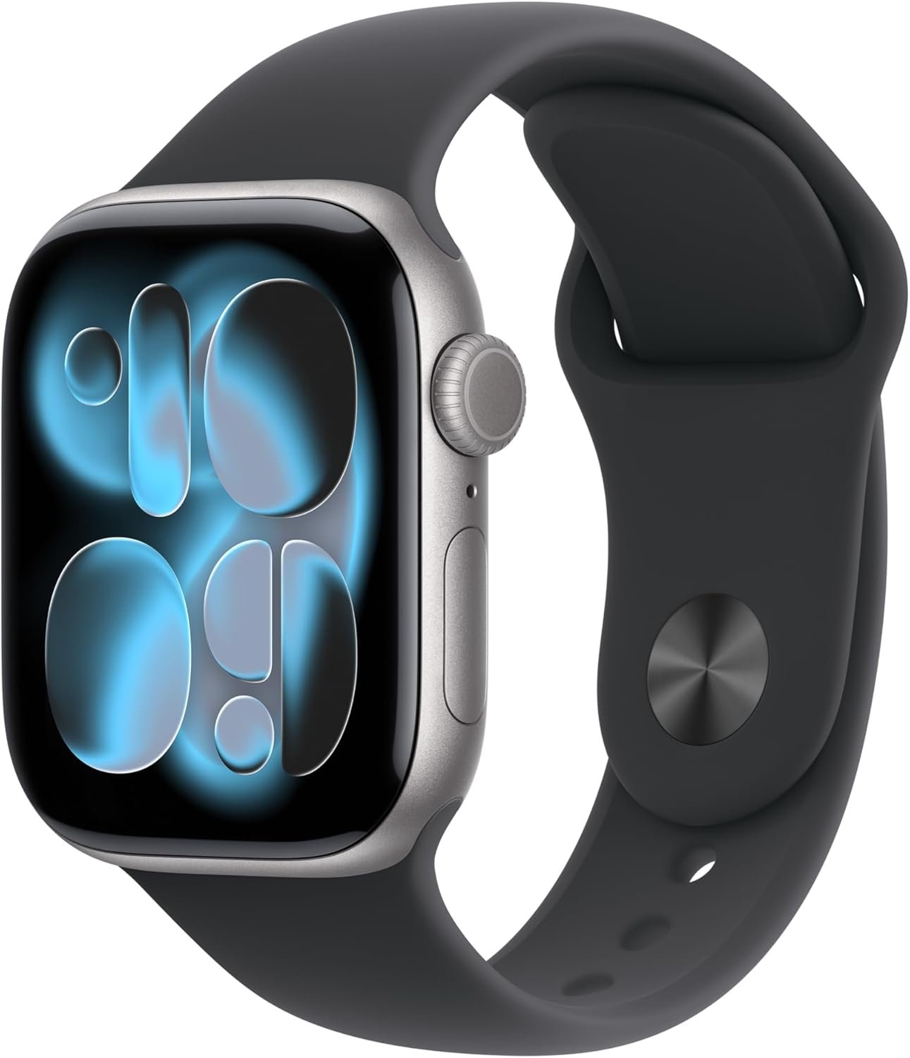 Front view of Apple Watch Series 11 GPS 42mm with Space Grey Aluminium Case and Black Sport Band, showing Always-On display.