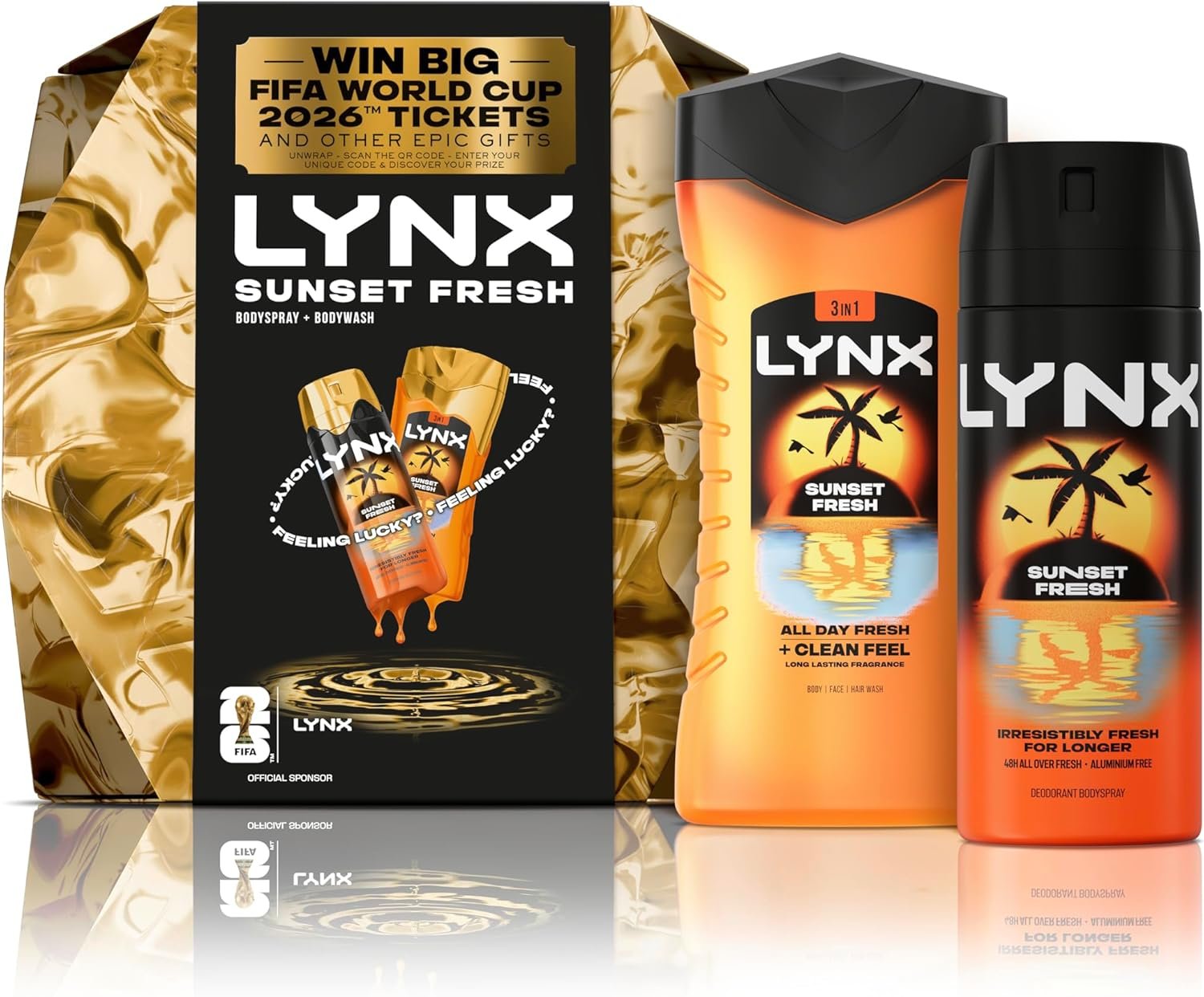 Front view of Lynx Sunset Fresh Win Big Gift Set with body wash, body spray, and FIFA World Cup 2026™ tickets branding.