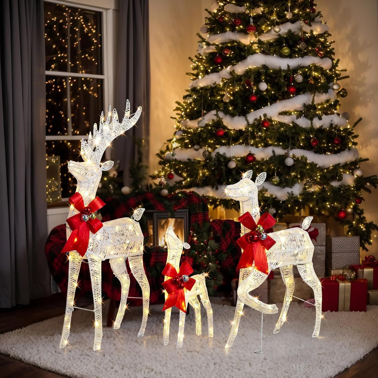 Bonnlo 3 Piece Lighted Christmas Reindeer Family Set Outdoor Decorations, Weather Proof Deer Family Set of 3 Christmas Ornament Home Decor Pre-lit 270 LED Lights With Stakes, Zip Ties Secured-White