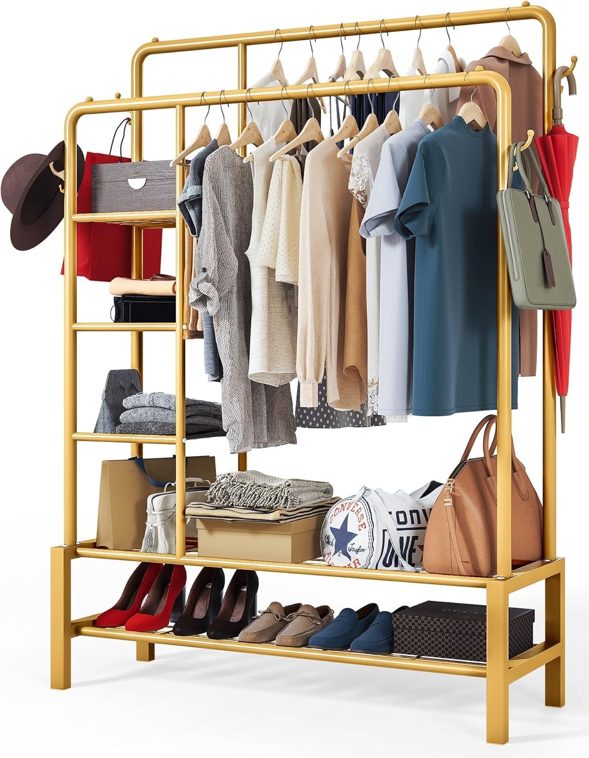 Front view of the Heavy Duty Gold Metal Clothes Rail with double hanging rails, shoe rack, and storage shelves.