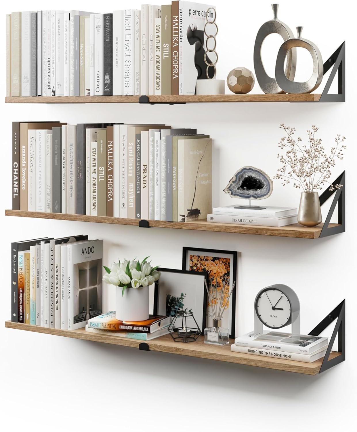 Set of 3 CASSA NOKO natural large rustic wood floating shelves with metal brackets, wall-mounted in a living room.