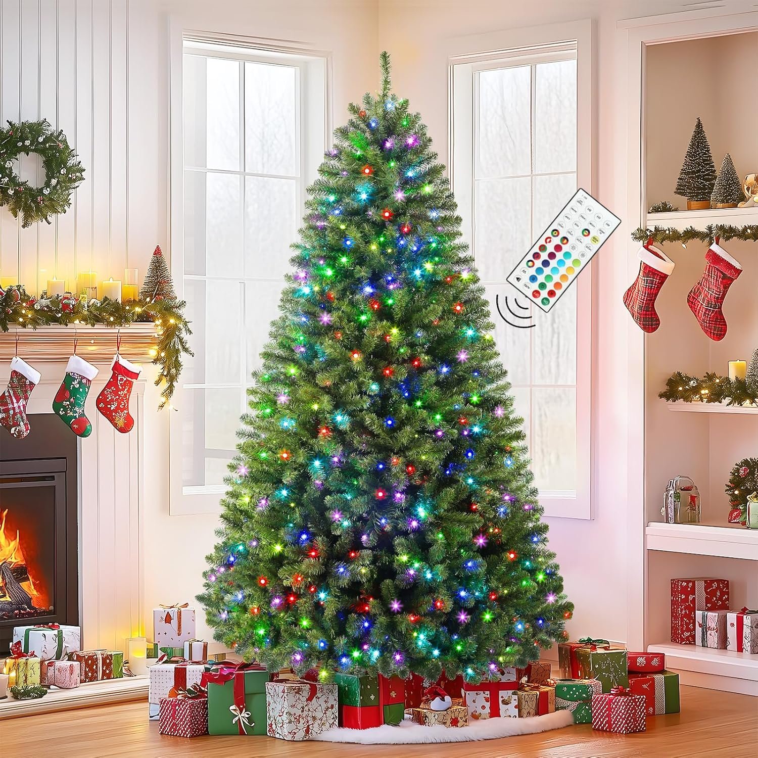 SHareconn 7ft Prelit Premium Artificial Hinged Full Christmas Tree with 400 Multi-Color RGB & Warm White Lights, 1062 PVC Branch Tips, Remote Control 7 Feet Pre-Lit Tree for Xmas Decoration, Green