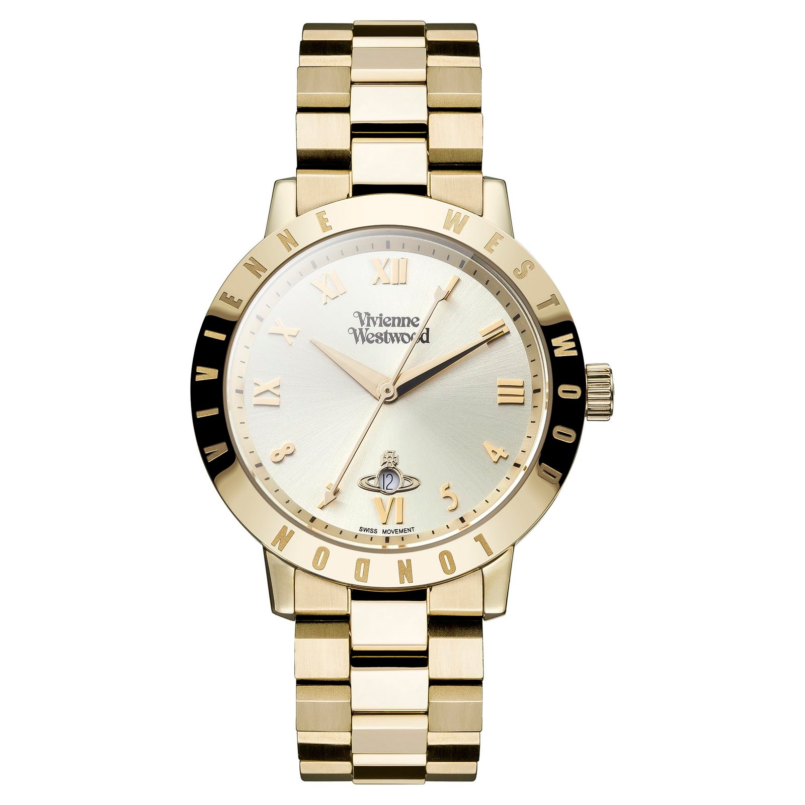 Vivienne Westwood Bloomsbury quartz watch with stainless steel bracelet on a wrist