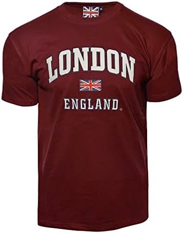 Unisex LE105MOW maroon and off-white T-shirt featuring London England appliqué embroidery.