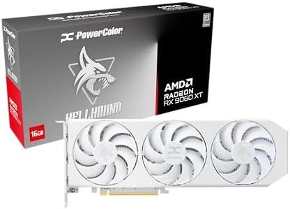 Front view of the PowerColor Radeon RX 9060 XT Hellhound OC White featuring its triple-fan cooling system and elegant white shroud design.