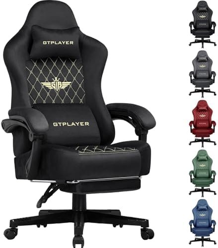 Alt Text for image 1: A black GTPLAYER fabric gaming chair featuring an ergonomic high-back design, adjustable lumbar support, and a retractable footrest extended for relaxation.