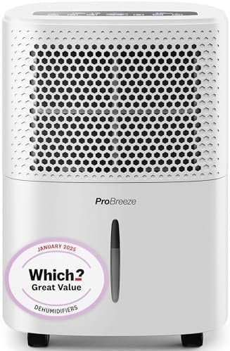 A front-facing view of the Pro Breeze 12L Dehumidifier showing the sleek white exterior and the digital LED display panel on top.