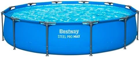 Alt Text for image 1: A family enjoying the Bestway Steel Pro Round Frame Swimming Pool in a garden setting